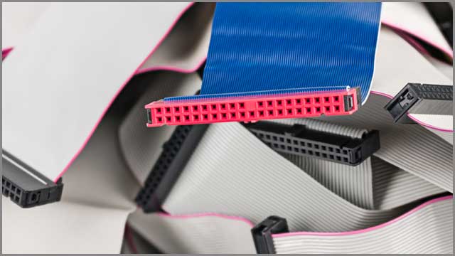 Blue parallel multi wire ribbon cable with pink connector